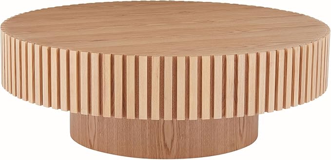 35.43" Circle Coffee Table for Living Room, Modern Round Center Tea Tables Drum Accent Couch End Table for Apartment Office,Minimalist Design with Fluted Side, (ø35.43" x 13.77"H, Oak)