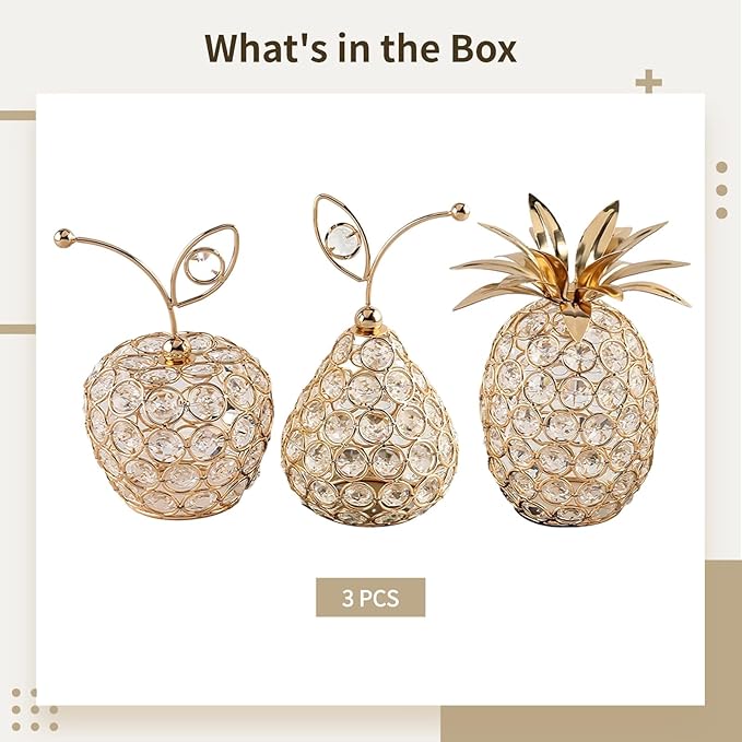 3 Pcs Golden Crystal Hollow Candlestick, Metal Crystal Table Centerpiece, Including Pineapple Pear Apple, Decorative Candlestick, Ideal for Wedding, Party, Anniversary and Home Decor