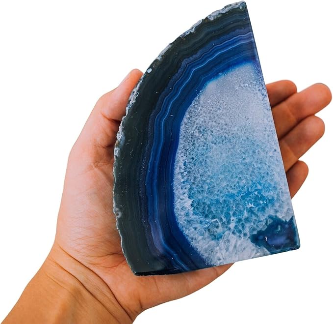 AMOYSTONE Natural Blue Agate Geode Bookends, Decorative Book Ends for Shelves, Stackable Book Stopper for Small Books, Unique Agate Stone Bookends, 2-3 LBS, Perfect for Home Office Decor