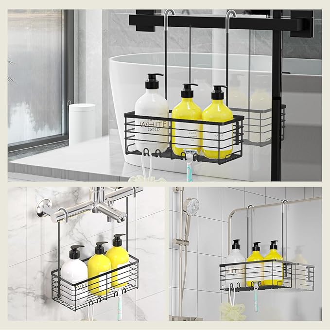 DELLAN Hanging Shower Rack, Shower Organizer Hanging for Bathroom, Shower Rack with Hooks Over the Door, Bathroom Shower Caddy and Basket(Black)