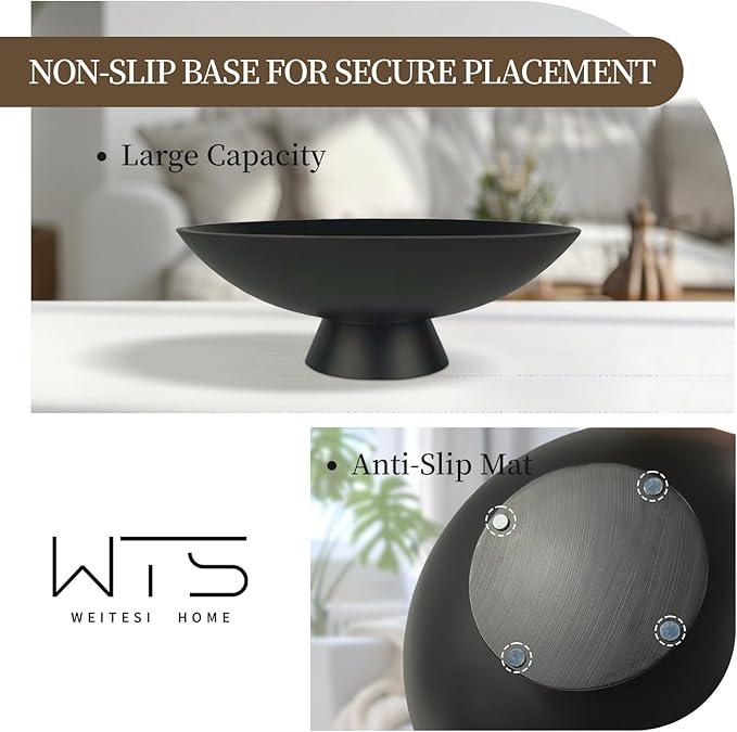 Large Decorative Fruit Bowl for Kitchen Counter, Modern Resin Pedestal Bowl for Home Decor, Stylish Key Bowl for Entryway Table, Decorative Bowl for Coffee Table Decor, Artificial Stone Black