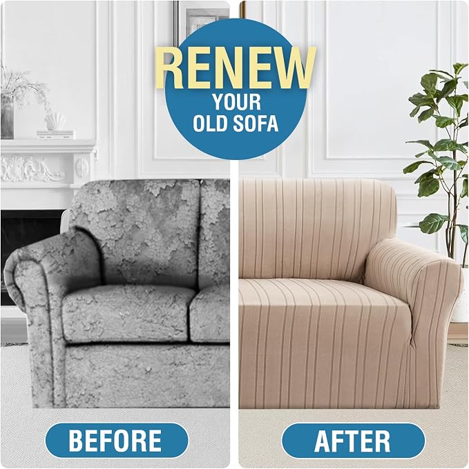 H.VERSAILTEX High Stretch Chair Covers 1-Piece Couch Cover Non Slip Sofa Cover with Elastic Bottom Sofa Covers Washable Polyester Spandex Jacquard Fabric Stripe Design(Armchair-Standard, Sand)