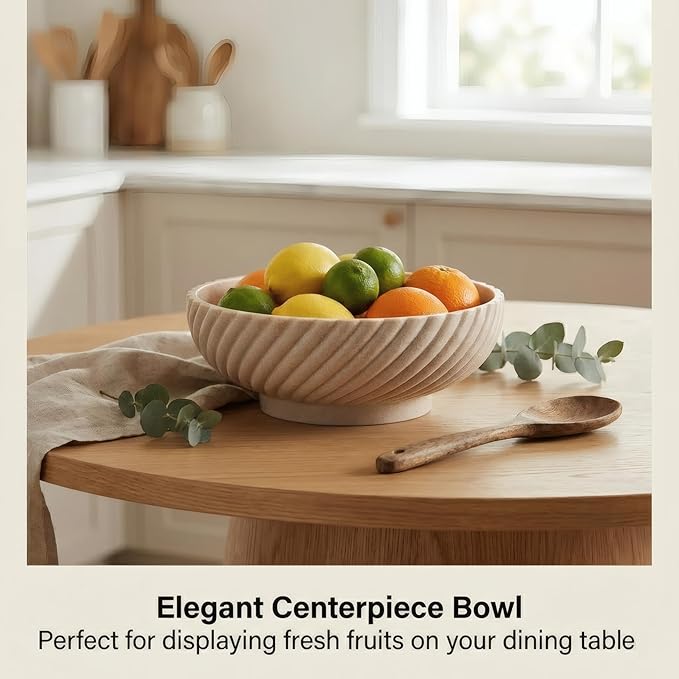 10" Fruit Bowl for Kitchen Counter - Large Decorative Bowl for Home Decor, Modern Key Bowl for Entryway Table - Unique Diagonal Fluted Resin Centerpiece Bowl for Coffee Table, Beige