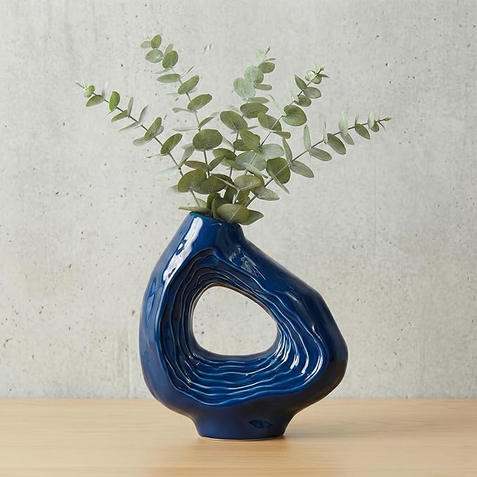 Sunddo Blue Ceramic Vase for Home Decor - 9 Inch Modern Flower Vase, Boho Donut Decorative Vase for Flowers, Living Room Bedroom, Wedding, Table Centerpiece