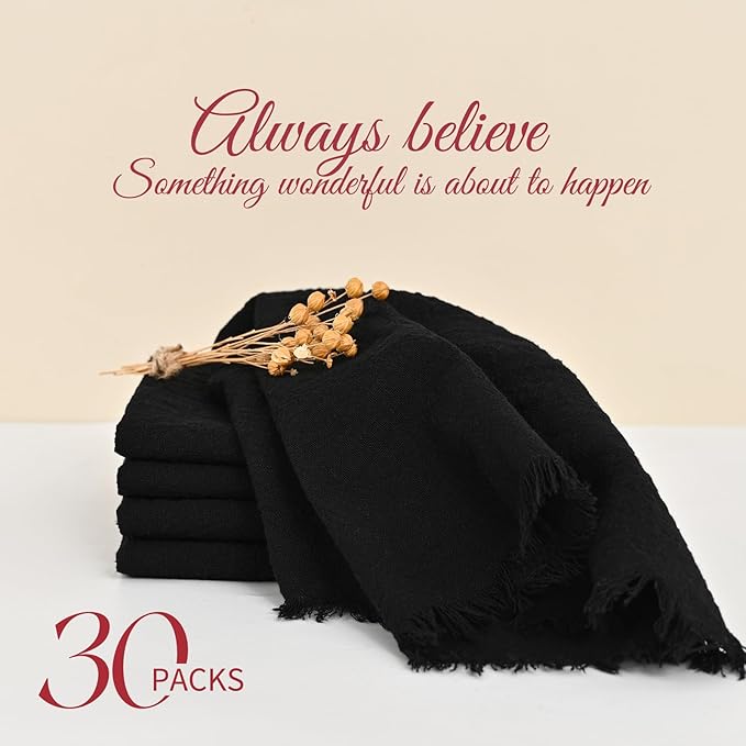 30 Packs Cotton Linen Napkins,Handmade Cloth Napkins Bulk with Fringe, Rustic Boho Napkins Cloth,Soft Dinner Napkins for Romantic Wedding Party Event Dinner Birthday Table Decor(Black,16 x 16 Inch)