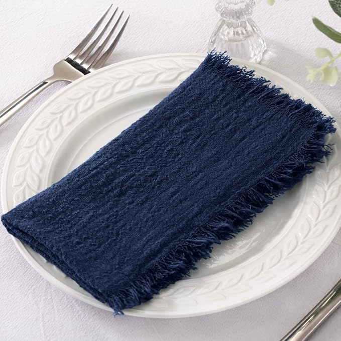 Socomi Set of 6 Linen Napkins Navy Blue Easter Spring Cloth Napkins Washable Cotton Dinner Napkins Fringe 17"x17" for Wedding Party Bridal Baby Shower Birthday Table Decorations
