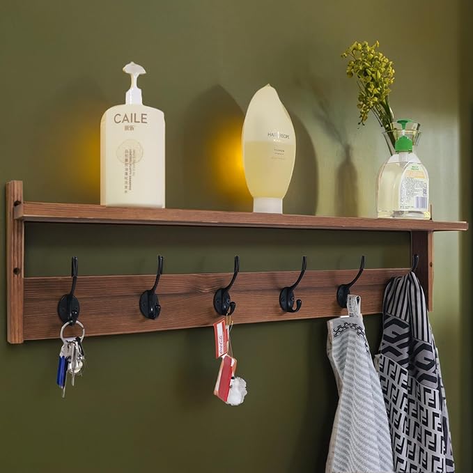 ArtBeek 29.2” Coat Rack Wall Mount with Shelf, Entryway Wall Hooks with Shelf, Coat Hangers for Bathroom, Living Room, Bedroom, Rustic Black