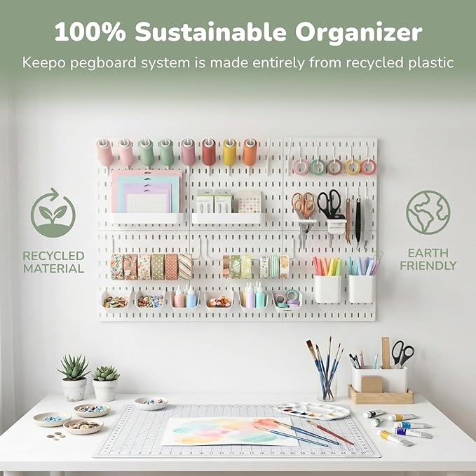 Keepo Title Peg Board Kit, Pegboards and Accessories Modular Hanging for Craft, Plastic Pegboard Wall Organizer for Craft Room, Office, Tool Organizer (White, 33″×22″)