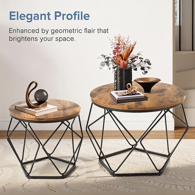 DUMOS Modern Geometric Coffee Table Set of 2, Round Nesting Side Tables with Hidden Storage, Movable End Tables for Living Room Decor & Practical Use