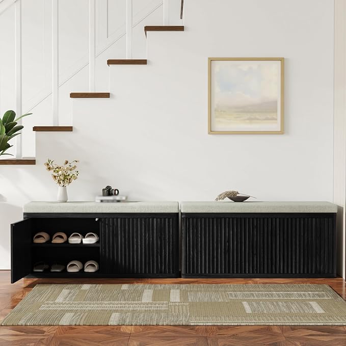 Entryway Shoe Storage Bench with 2" Cushion, 37.4" Small Bench with Shoe Rack, Cabinet Organizer for Hallway, Bedroom End of Bed (Black)