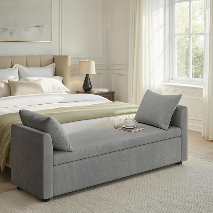 HULALA HOME 59" Storage Bench with 2 Throw Pillows, Modern Long Bedroom Bench for End of Bed, Comfy Upholstered Footstool for Entryway Living Room, Grey