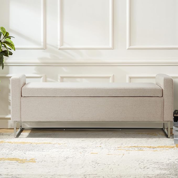 58.4" Ottoman with Storage,Upholstered Entryway Bench for Bedroom and Living Room,End of Bed Bench with Metal Base,Beige