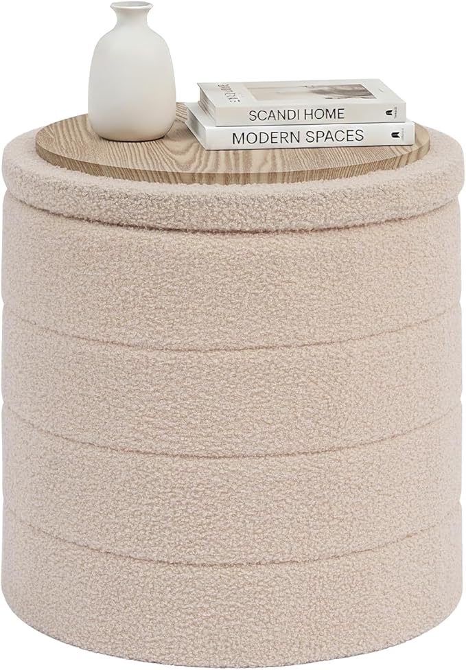 17" Round Storage Ottoman,Boucle Sherpa Ottoman with Tray, Faux Teddy Foot Rest Coffee Table for Bedroom Dorm Living Room,Beige