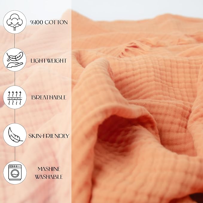 Large Gauze Sofa Cover%100 Pure Cotton, Orange Couch Covers for 3 Seater, 4 Seater Sofa, Sectional, 4 Layered Natural Muslin Washable Cloud Like Couch Cover (Orange, 70x150/177x380cm)