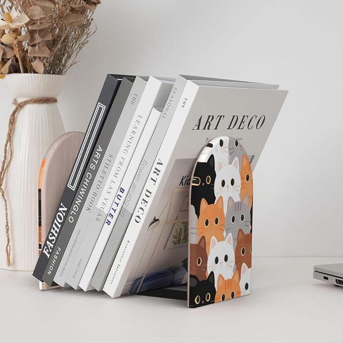 Colorful Cats Cartoon 2 Piece Decorative Bookends 6.7x4.2 in, Book Ends for Home Office Library Shelves Decor Room Kitchen Desktop
