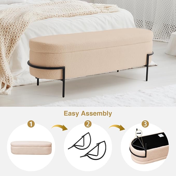 FiveWillowise Sherpa Storage Ottoman Bench for Bedroom, Beige End of Bed Bench with Storage, Upholstered Boucle Storage Bench with Metal Stand and Hinges, Oval Ottoman for Living Room, 52 Inch
