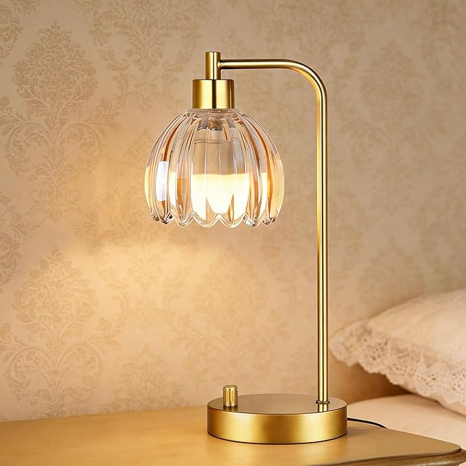 ILLMTW Glass Table Lamp Set of 2,Small Gold Bedside Lamps Dimmable Boho Bedroom Lamp with Tulip Flower Amber Lamp Shade,Vintage Mid Century Modern Mini Nightstand Lamp for Bedroom Living Room