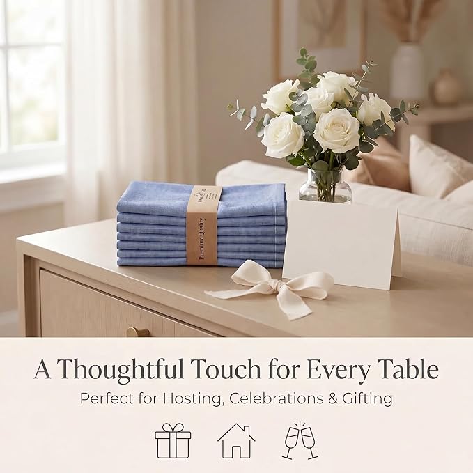Urban Villa Cloth Napkins 100% Cotton Highly Absorbent Washable Reusable Premium Dinner Napkins Ideal for Gifts for Mothers Day Hotel Farmhouse Parties - Blue/White Chambray (20" x 20", Set of 12)