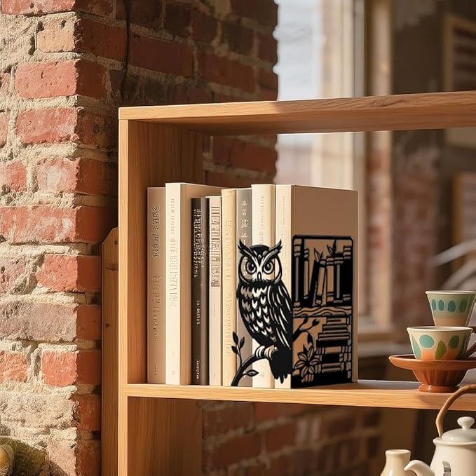 2Pcs Metal Book Ends for Shelves Black Heavy Bookends Shelf 2Pairs Holders Owl Book Stopper for Heavy Books Used on Desk for Office Home Library Supplies Halloween Small Large Heavy Books