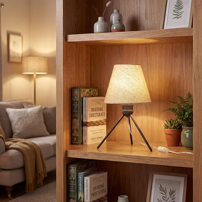 Modern Table Lamp Small Bedside Lamp Metal Linen 13.8 Inches, Soft Light (3000K), Simple Style Design, Button Switch, Suitable for Nightstand Bedroom Lamp, Study and Dormitory (Sand Black)