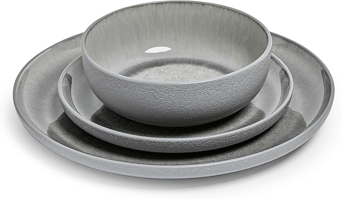 Sango Asher 12-Piece Stoneware Dinnerware Set for 4, Grey Ceramic Plates and Bowls Sets, Modern Dish Set with Reactive Glaze, Durable Kitchen Dishes for Casual Dining, Microwave & Dishwasher Safe