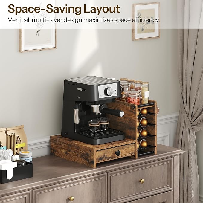 YATINEY Coffee Pod Drawer Holder, 4 Tier Holder for Vertuo, 72 Pods Large Capacity, Coffee Station Organizer with Storage Drawer and 3 Hooks, Rustic Brown and Black KH02BR