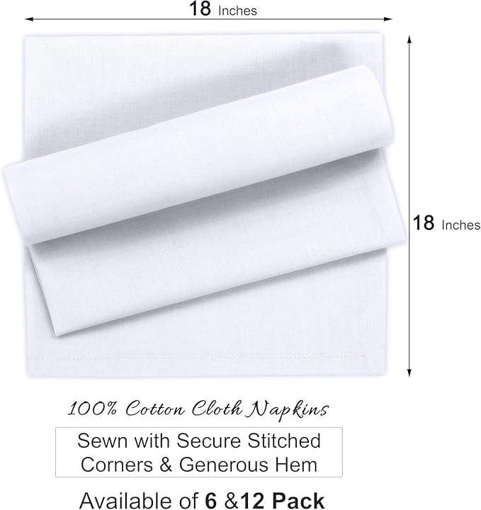 Ruvanti Cloth Napkins Set of 6, 100% Cotton High GSM 18x18 Inches Soft, Washable, Highly Durable & Absorbent, Perfect for Parties, Christmas, Thanksgiving Dinners – White