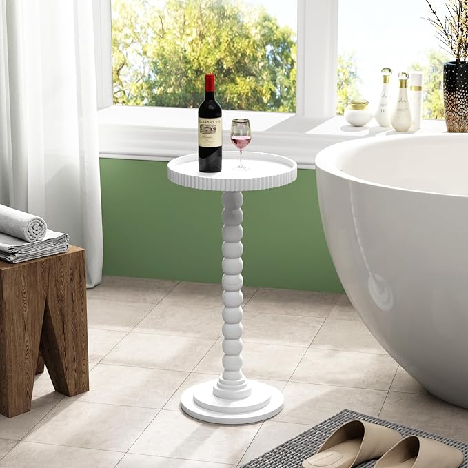 Drink Table,Slot Edge Round Small Side Table for Small Spaces, Round End Tables with Decorative Tray, Pedestal Martini Tables for Living Room, Bedroom, Sofa Couch, Corners (White)