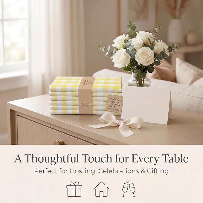 Urban Villa Cloth Napkins 100% Cotton Highly Absorbent Washable Durable Reusable Premium Dinner Napkins Ideal for Gifts for Mothers Day Hotel Farmhouse Parties - Yellow/White (20" x 20", Set of 12)