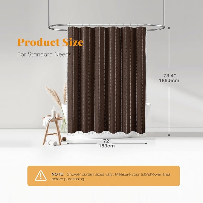BTTN Boho Shower Curtain, Bohemian Linen Fabric Heavy Duty Striped Shower Curtains Set with Tassel, Water Repellent, Farmhouse Aesthetic Shower Curtain for Bathrooms with Hooks, 72"x72", Brown