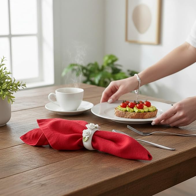 Linen Napkins –100% French Flax – Stonewashed Pure Linen Cloth Napkins - Size 18 Inch x 18 Inch – Set of 4 (Rich Red)