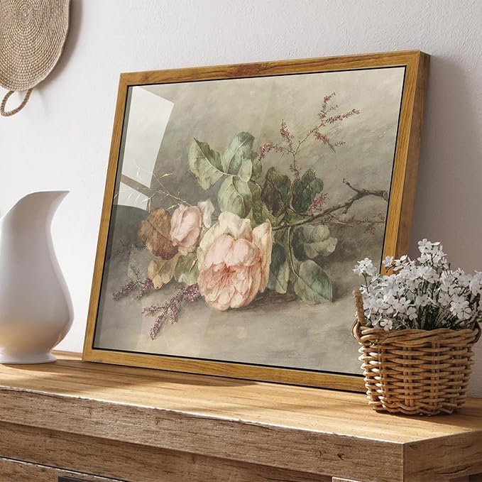 KBKBART Vintage Wall Decor Prints, Retro Still Life Flower Canvas Wall Art, Framed Classical Pink Botanical Print, Vintage Art Painting Flower Wall Decor for Bedroom Living Room Bathroom