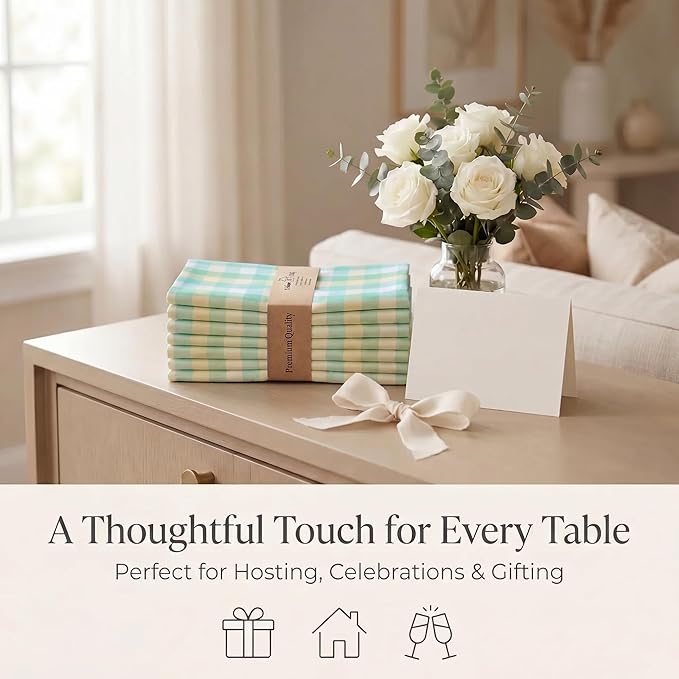 Urban Villa Cloth Napkins 100% Cotton Highly Absorbent Washable Reusable Premium Dinner Napkins Ideal for Gifts for Mothers Day Hotel Farmhouse Parties - Green Sand Checks (20" x 20", Set of 12)