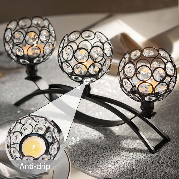 Crystal Tealight Candle Holder Centerpiece Home Decorative Candlestick Holder Elegant Table Centerpiece Home Decor Wedding Party Anniversary (Black, Set of 3)