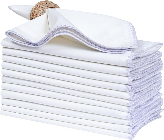 Bedding Craft Cotton Cloth Dinner Napkins Set of 12 – 18x18 Lavender Blue Napkins with Colored Edge Embroidery – Washable Fabric Napkins for Wedding Table Décor, Restaurants, Events & Everyday Dining
