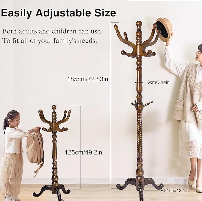 Wood Coat Rack Freestanding, Natural Coats Tree Stand with 11 Hooks, 74.8" Sturdy and Easy Assembly Coat Rack Stand for Entryway, Hallway, Bedroom, Bags, Hats (Tri-legged Base, Walnut)