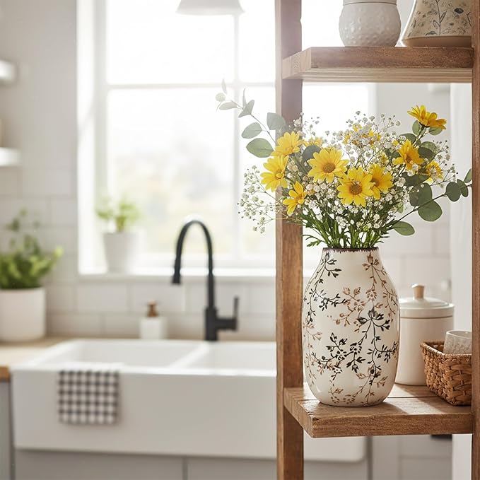 LIFFY Ceramic Vase Green and Beige Vintage Home Decor, Chinoiserie Floral Vase, Rustic Ceramic Large Vases for Home Decors, Living Room, Bookshelf, Office, Chinoiserie Decors, Tuscan Decor 7.5 Inch