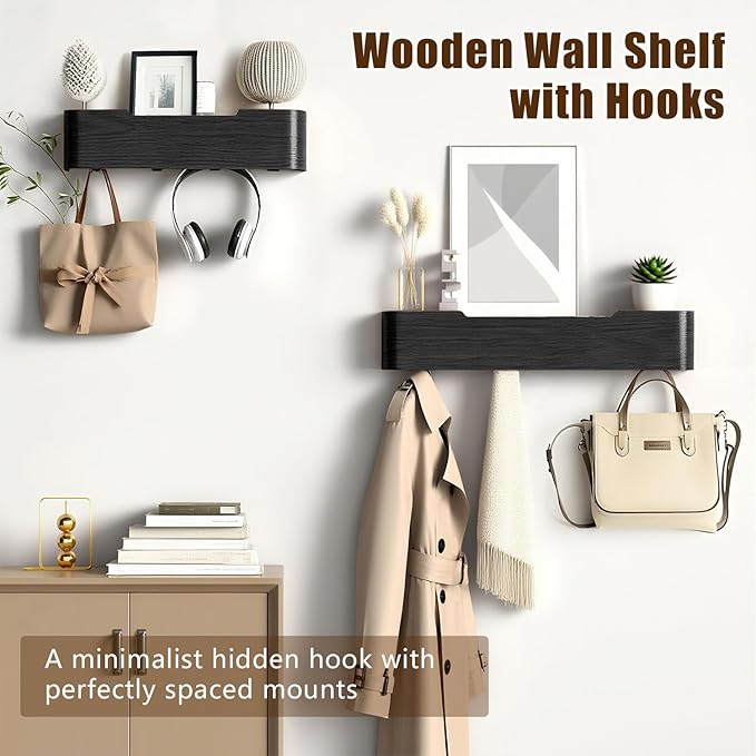 Coat Rack Wall Mount with Hidden Hooks, Wall Hooks with Shelf, Wall Key Holder Mount Wooden Shelf Entryway Hooks for Bedroom Bathroom for Hanging Coats Hats Bags Towels (Black, 4 Hooks)