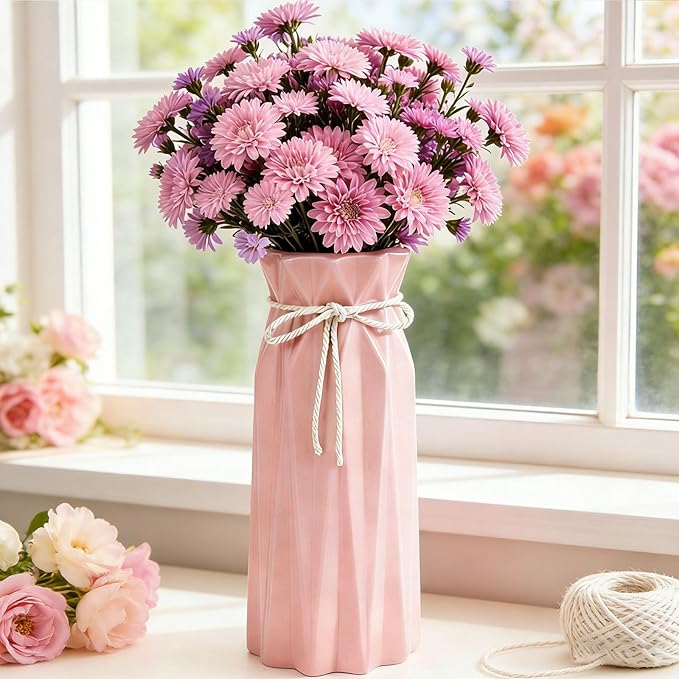 Disoza Ceramic Flower Vase Modern Home Decor Vases for Centerpieces Pink Minimalist Farmhouse 9.5" H x 3.9" W Cute Decorative Vases Flowers Tulip Pampas Grass Vase for Table Bathroom Shelf