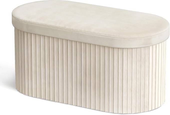 GLAXYFUR Oval Folding Storage Ottoman, Velvet Upholstered Foot Rest, 30 x 15 x 15 Inches Storage Bench for Bedroom, Living Room & Entryway (Beige-New)