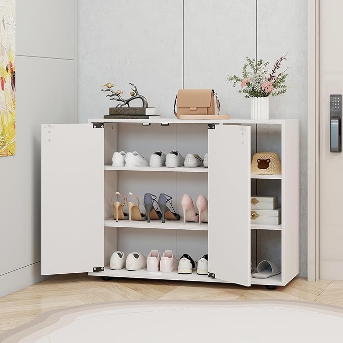 Giantex Wood Shoe Cabinet with Doors, Freestanding Shoe Rack Cabinet with 3-Level Adjustable Open Shelves, Modern Wooden Shoe Storage Cabinet for Entryway, Hallway, Closet, Living Room (White)