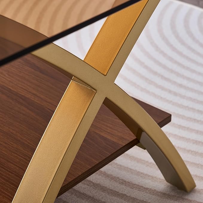 LumFurn Coffee Table for Living Room and Bedroom, 2-Tier Mid-Century Modern Table with Amber Tempered Glass Top and Walnut Finish Wood Shelf, Strong Metal Legs with Gold Finish