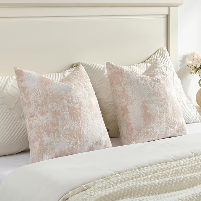 FUTEI Pack of 2 Faux Cashmere Jacquard Throw Pillow Covers 22x22 Inch Soft Marble Pattern Vintage Decorative Cushion Case Modern Farmhouse Accent for Couch Bed Living Room, Pink White