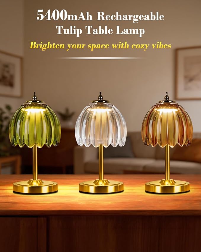 WERFOP Rechargeable Tulip Table Lamp, 5400mAh Cordless & Touch Control Bedside Lamp with 3 Adjustable Color Temperatures & Dimmable Brightness Desk Light for Bedroom, Living Room, Office (Amber)