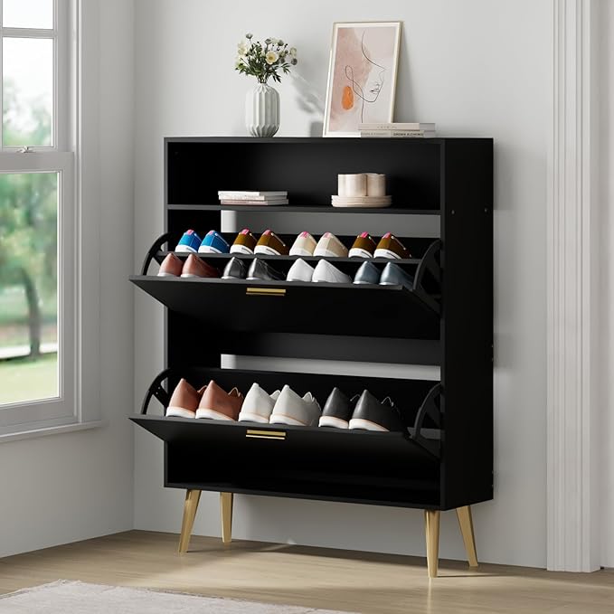 JOZZBY Shoe Cabinet for Entryway Slim Set of 2, Black Shoe Rack with 2 Flip Drawers and Top Storage, Hidden Shoe Storage Narrow Shoe Cabinet for Entryway, Hallway, Living Room
