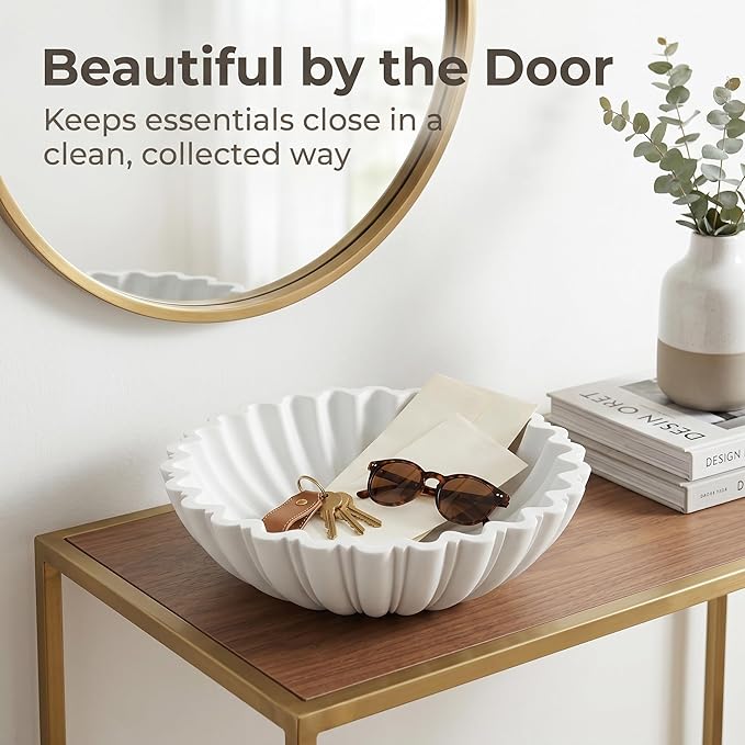 Decorative Bowl for Home Decor, 10.6" Large Modern White Scalloped Fruit Bowl for Coffee Table, Entryway Table, Kitchen Counter, Centerpiece for Keys or Candy