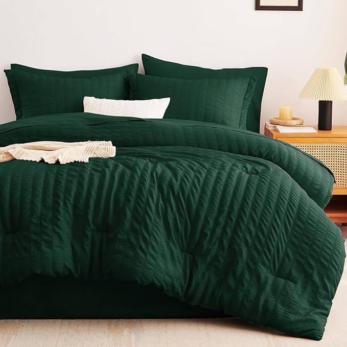CozyLux California King Comforter Set with Sheets 7 Pieces, Emerald Green Seersucker Bed in a Bag Cal King Luxury Bedding Sets with Down Alternative Comforter, Sheets, Pillowcases & Shams All Seasons