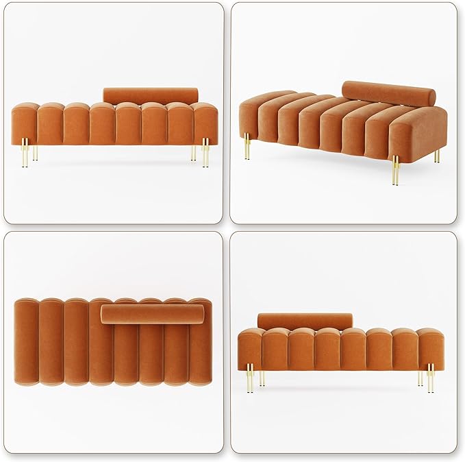 Modern Bed Bench with Adjustable Back, 52.2" Channel Tufted Velvet Ottoman for Bedroom, Living Room, Entryway, Orange