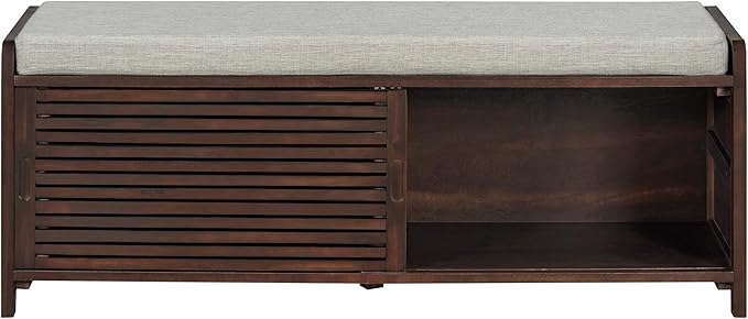 Ball & Cast Entryway Storage Bench with Shutter Doors, 43.3" Wooden Shoes Organizer, Modern Movable Upholstered Seat Entryway Shoe Rack Cabinet for Hallway Living Room, Espresso
