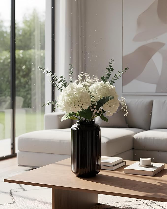 Black Ceramic Vase, 7.87 Inch Modern Small Ribbed Textured Flower Vase for Pampas Grass & Dried Flowers - Minimalist Home Decor, Watertight, Non-Slip Base